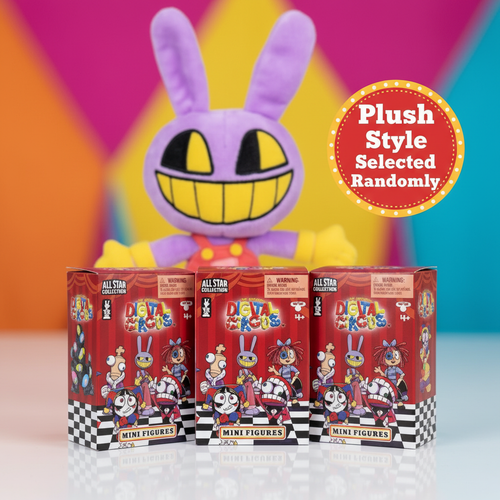 The Amazing Digital Circus Starter Set with 8-inch deluxe plush and 3-pack of 2-inch collectible mini figures