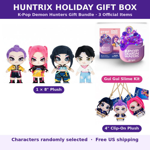 K-Pop Demon Hunters Huntrix Holiday Gift Set with 8 inch plush, Gui Gui slime kit and clip-on plush