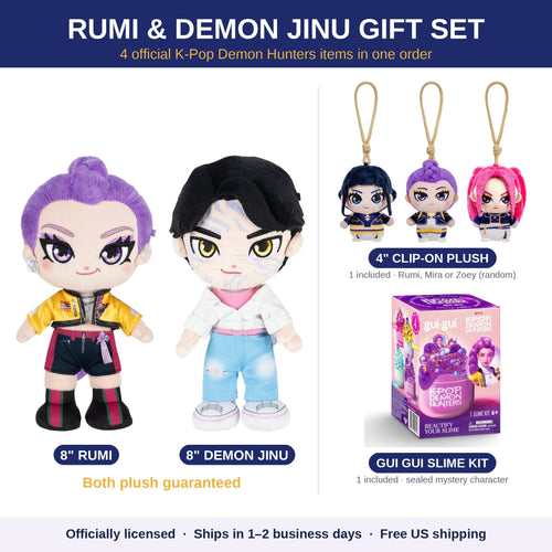 Rumi and Demon Jinu K-Pop Demon Hunters gift set with two 8 inch plush, a clip-on plush and a Gui Gui slime kit