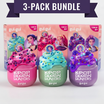 Gui Gui Huntrix slime kit 3-pack featuring the Rumi purple, Mira pink and Zoey blue characters