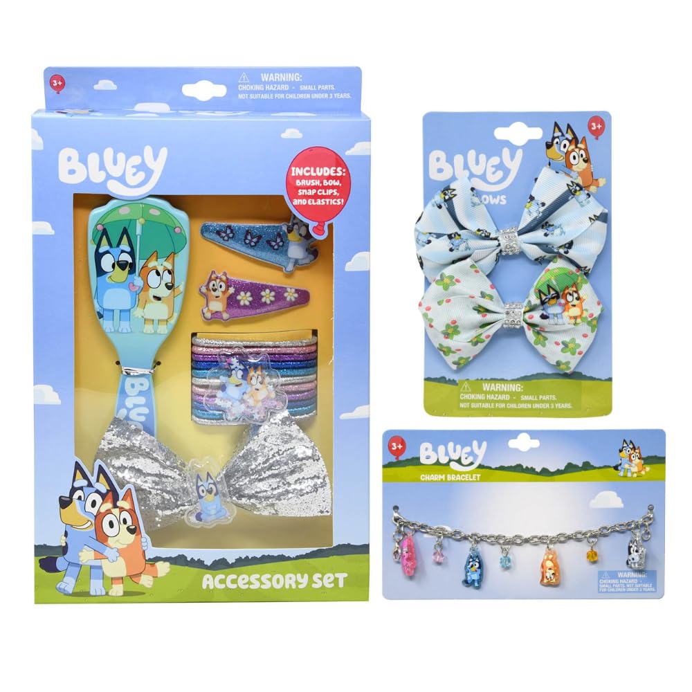 Bluey Hair Accessories Set For Kids, 3+ Years, With Charm Bracelet, Hair Bows, Brush, Snap Clips, Elastics