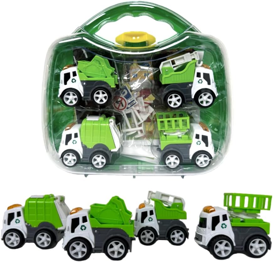 Increditoyz Friction Powered Small Construction Toys 4-Pack Truck Set - Includes Foldable Play Sheet and 6pcs Warning Sign Posts/Cones