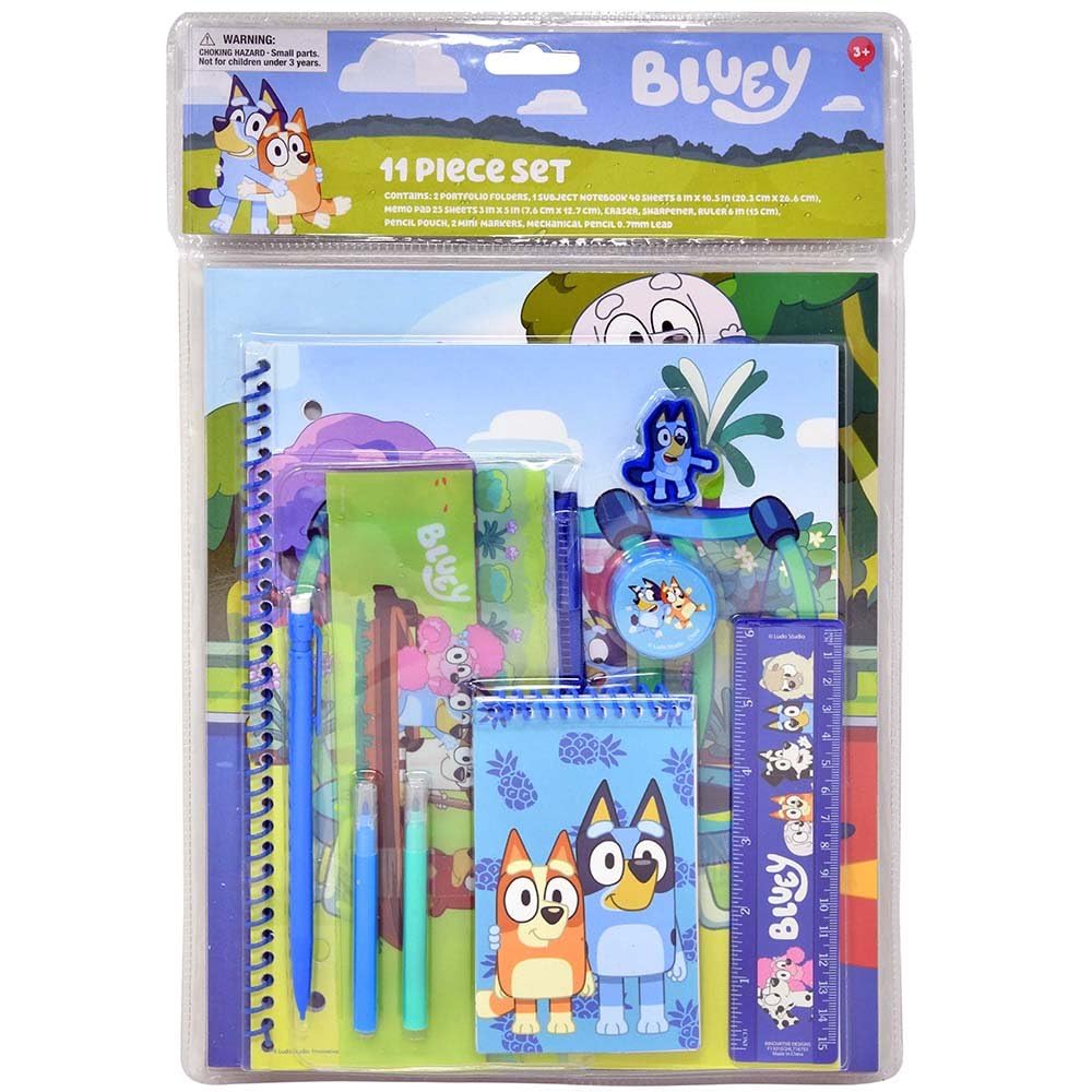 Bluey School Supply Set, 11 Piece Stationery Bundle With Hard Bluey Pencil Case, Folders, Notebook, Bluey Lanyard 3+ Years