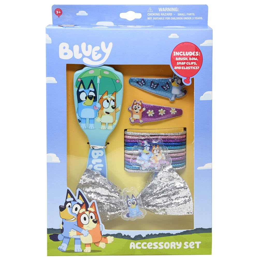Bluey Hair Accessories Set For Kids, 3+ Years, With Charm Bracelet, Hair Bows, Brush, Snap Clips, Elastics