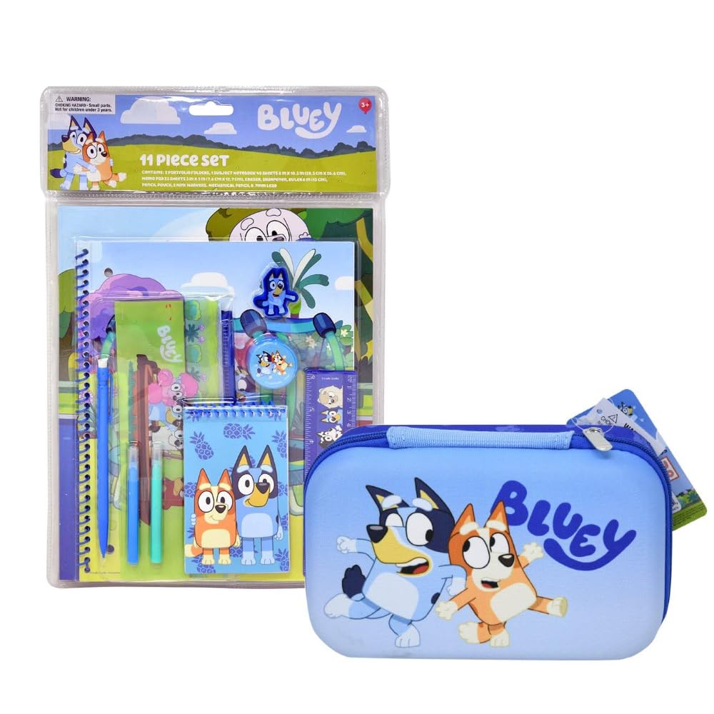 Bluey School Supply Set, 11 Piece Stationery Bundle With Hard Bluey Pencil Case, Folders, Notebook, Bluey Lanyard 3+ Years