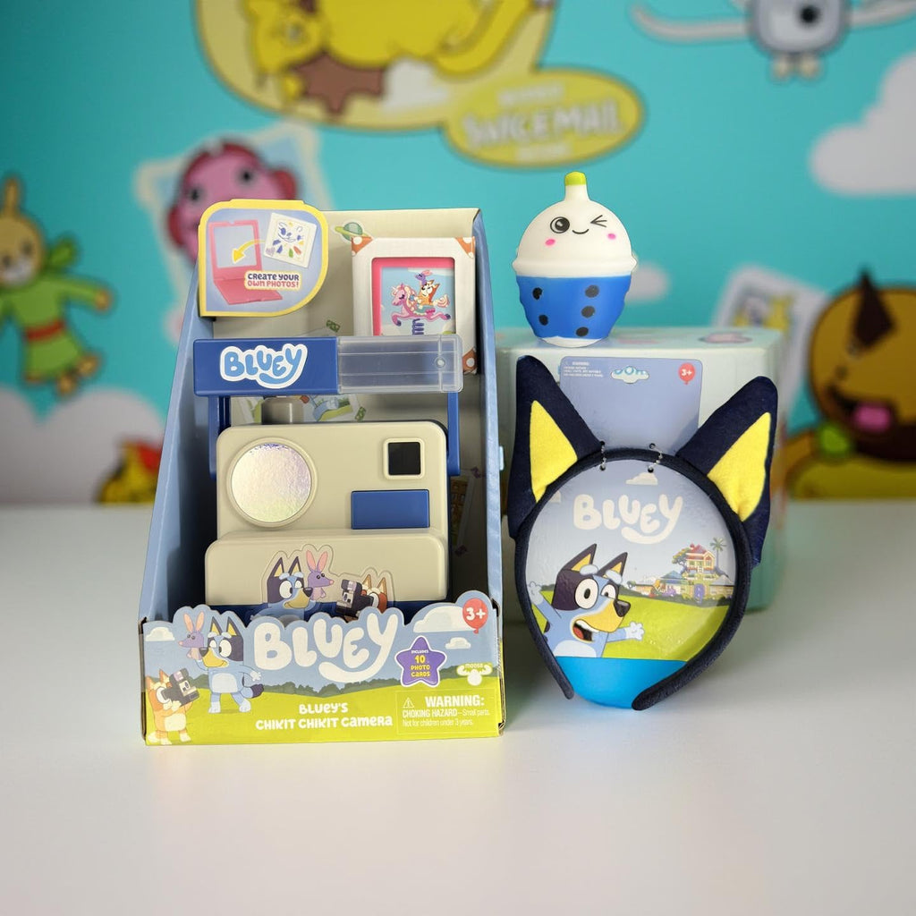 Bluey Chikit Chikit Pretend Camera Toy Set with Photo Cards, Bluey Headband, Cute Squishy Toy for Kids Ages 3+, Blue and Cream, Role Play Activity Bundled Gift Set