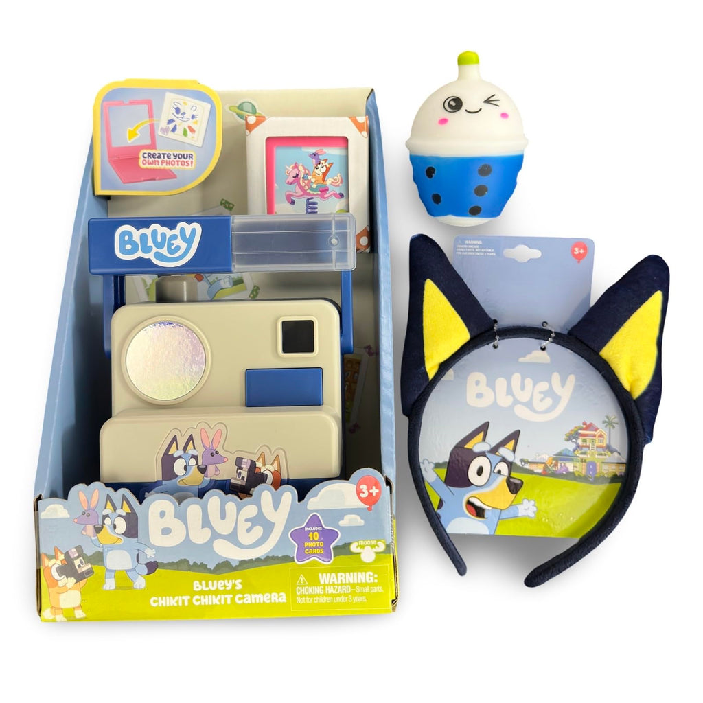Bluey Chikit Chikit Pretend Camera Toy Set with Photo Cards, Bluey Headband, Cute Squishy Toy for Kids Ages 3+, Blue and Cream, Role Play Activity Bundled Gift Set