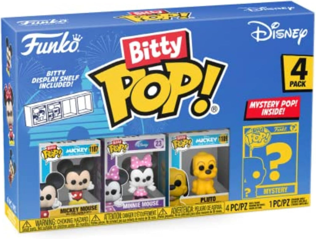 Funko Bitty POP! Disney - Mickey, 4-Pack - Mickey Mouse, Minnie Mouse (Pink Dress), Pluto and A Surprise Mystery Mini Figure - 0.9 Inch (2.2 Cm) Collectable - Stackable Display Shelf Included