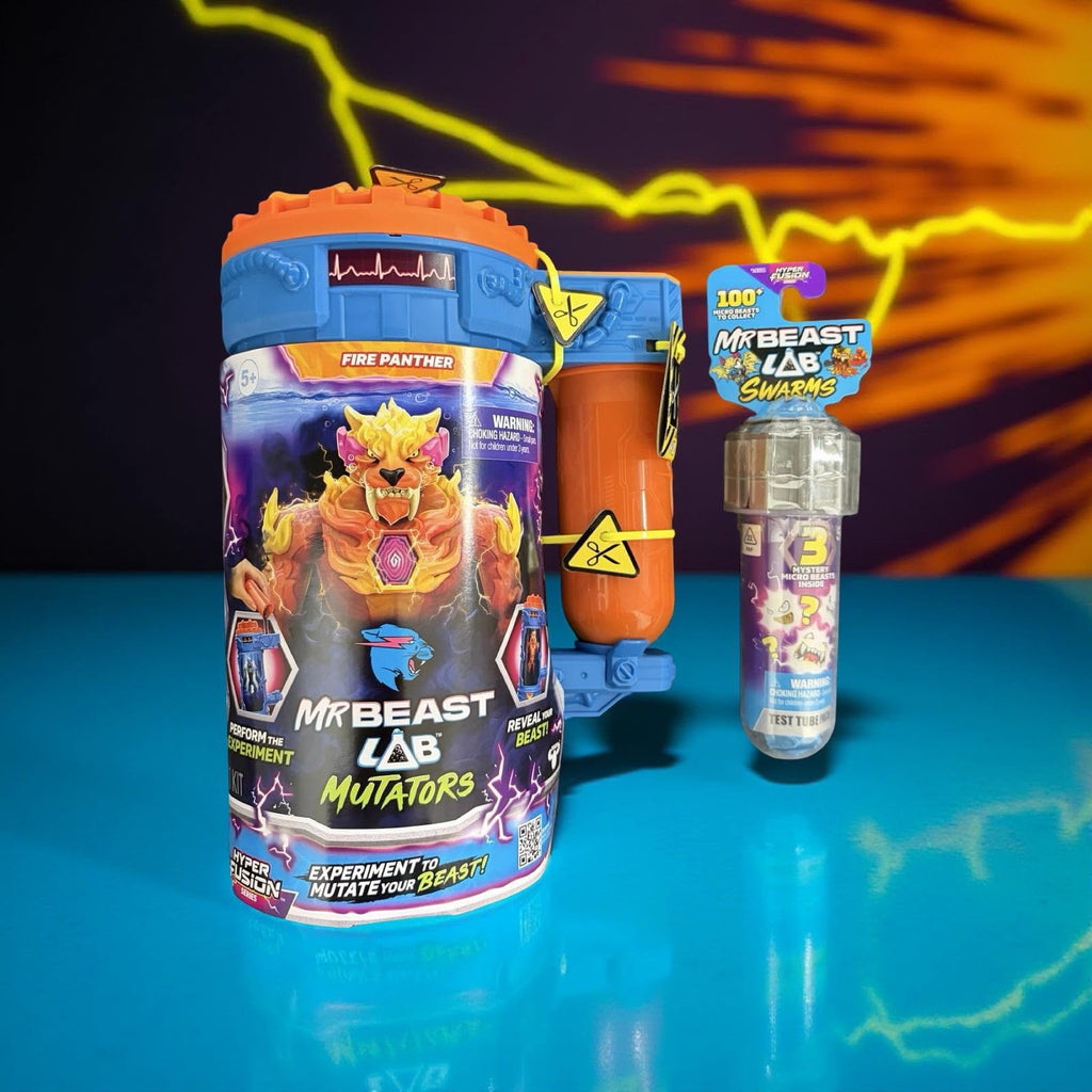 Mr. Beast Lab Mutators 5.5 Inch Collector Mutation Chamber Fire Panther with 2 Mystery Micro Beasts Swarms Hyper Fusion Series Mystery Collectable Figure Gift Bundled Set