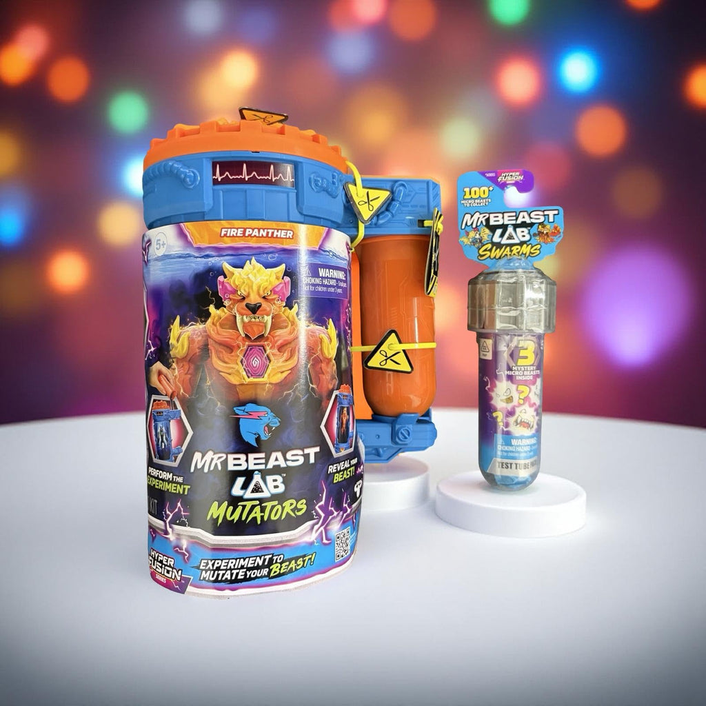 Mr. Beast Lab Mutators 5.5 Inch Collector Mutation Chamber Fire Panther with 2 Mystery Micro Beasts Swarms Hyper Fusion Series Mystery Collectable Figure Gift Bundled Set
