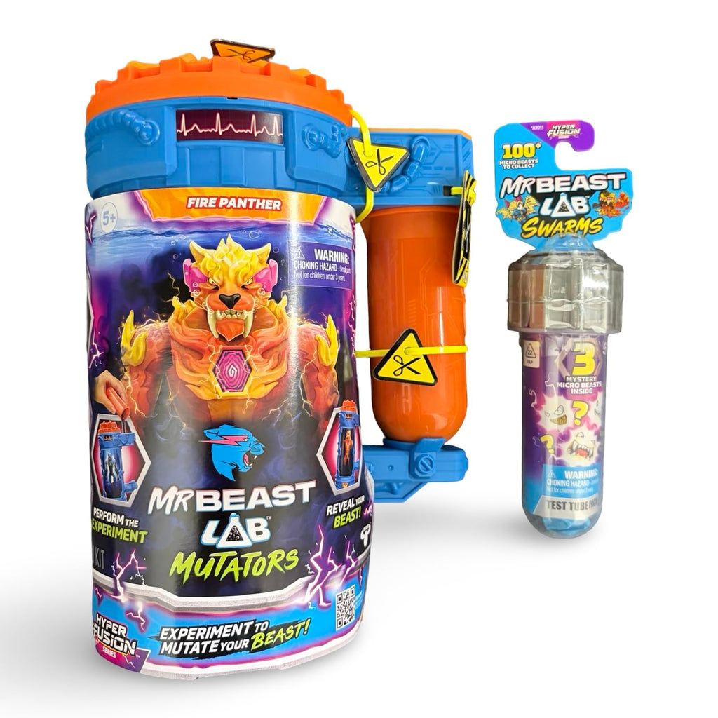 Mr. Beast Lab Mutators 5.5 Inch Collector Mutation Chamber Fire Panther with 2 Mystery Micro Beasts Swarms Hyper Fusion Series Mystery Collectable Figure Gift Bundled Set