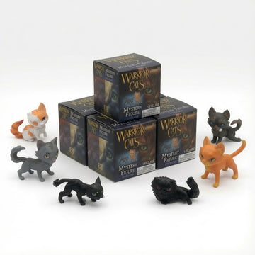 Five Warrior Cats Mystery Figure Series 1 blind boxes stacked with collectible cat figures
