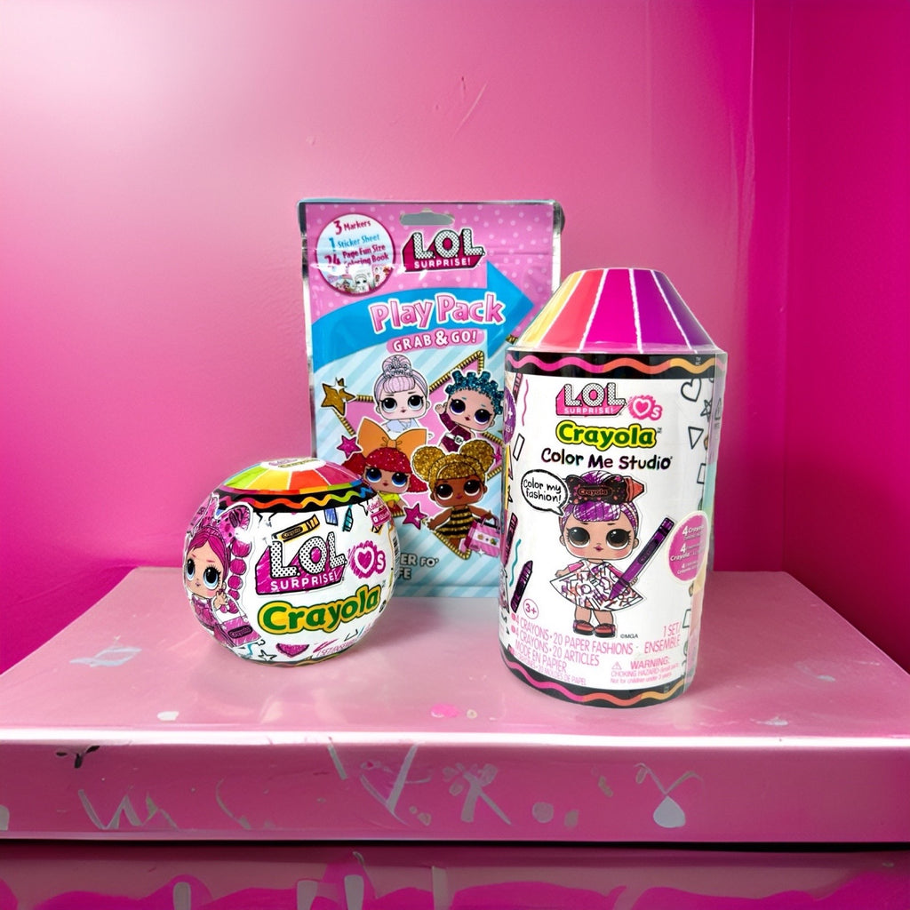 LOL Surprise Crayola Color me Studio and Crayola Tots Increditoyz bundled Set with pink background