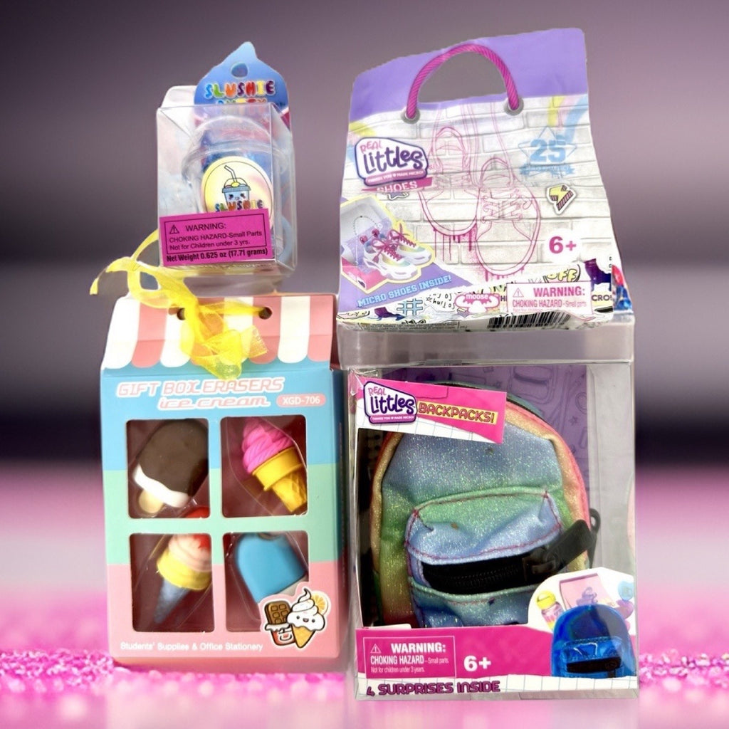 Real littles backpack, sneakers and Increditoyz gift set in background