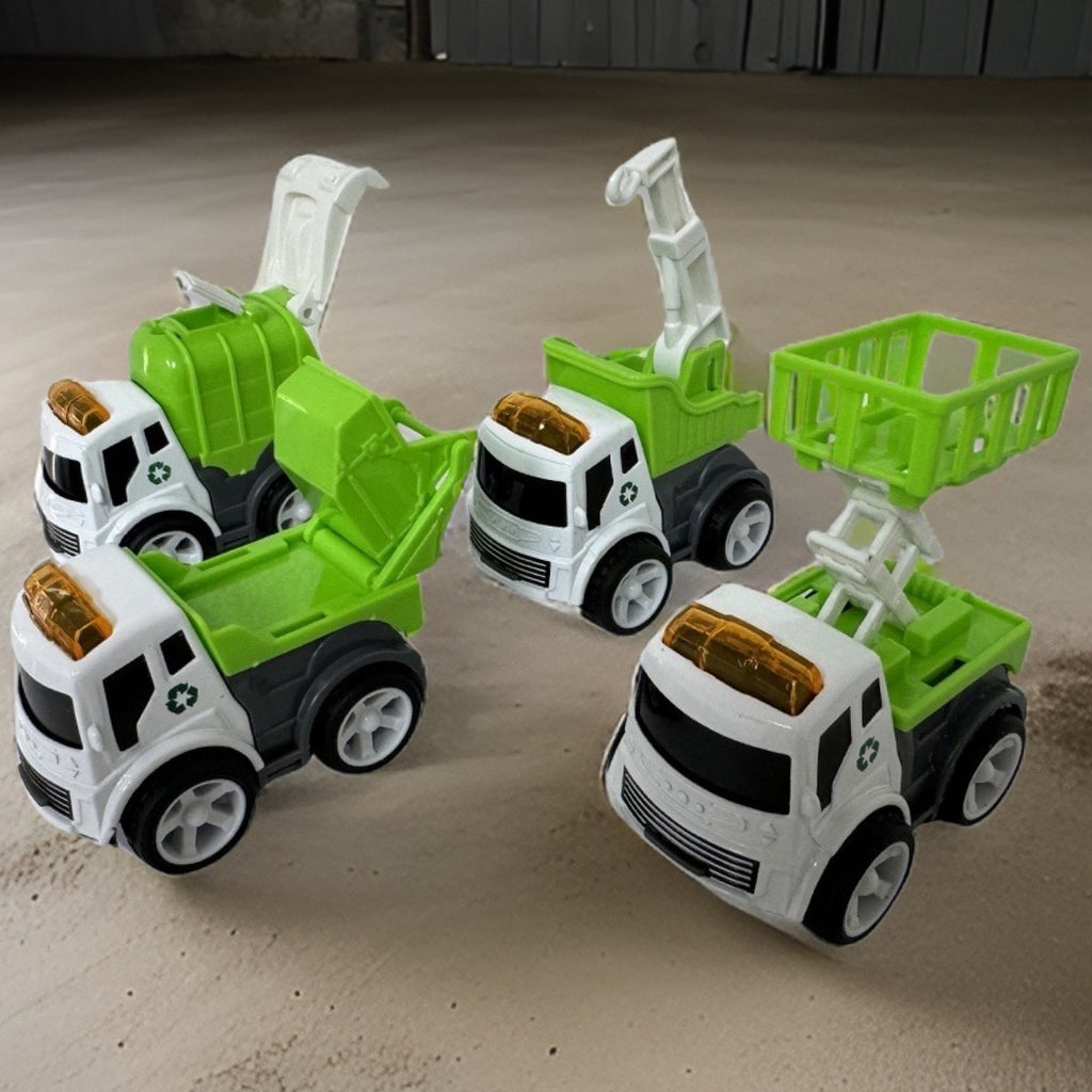 Increditoyz Friction Powered Small Construction Toys 4-Pack Truck Set - Includes Foldable Play Sheet and 6pcs Warning Sign Posts/Cones