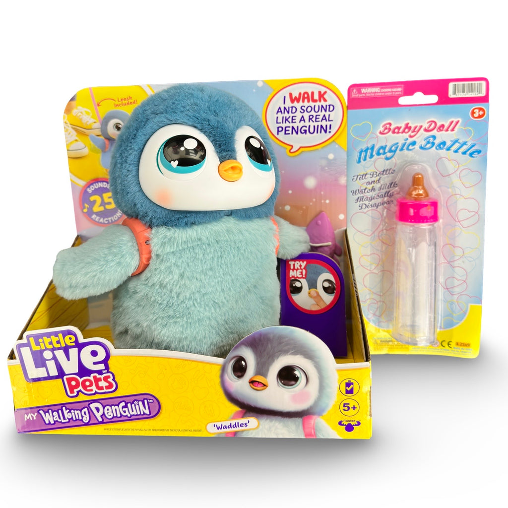 INCREDITOYZ Little Live Pets Walking Penguin Interactive Plush Toy with Magic Bottle, Soft Blue, 25+ Sounds and Reactions, Waddling Movement, Wings Flap, Ages 5+