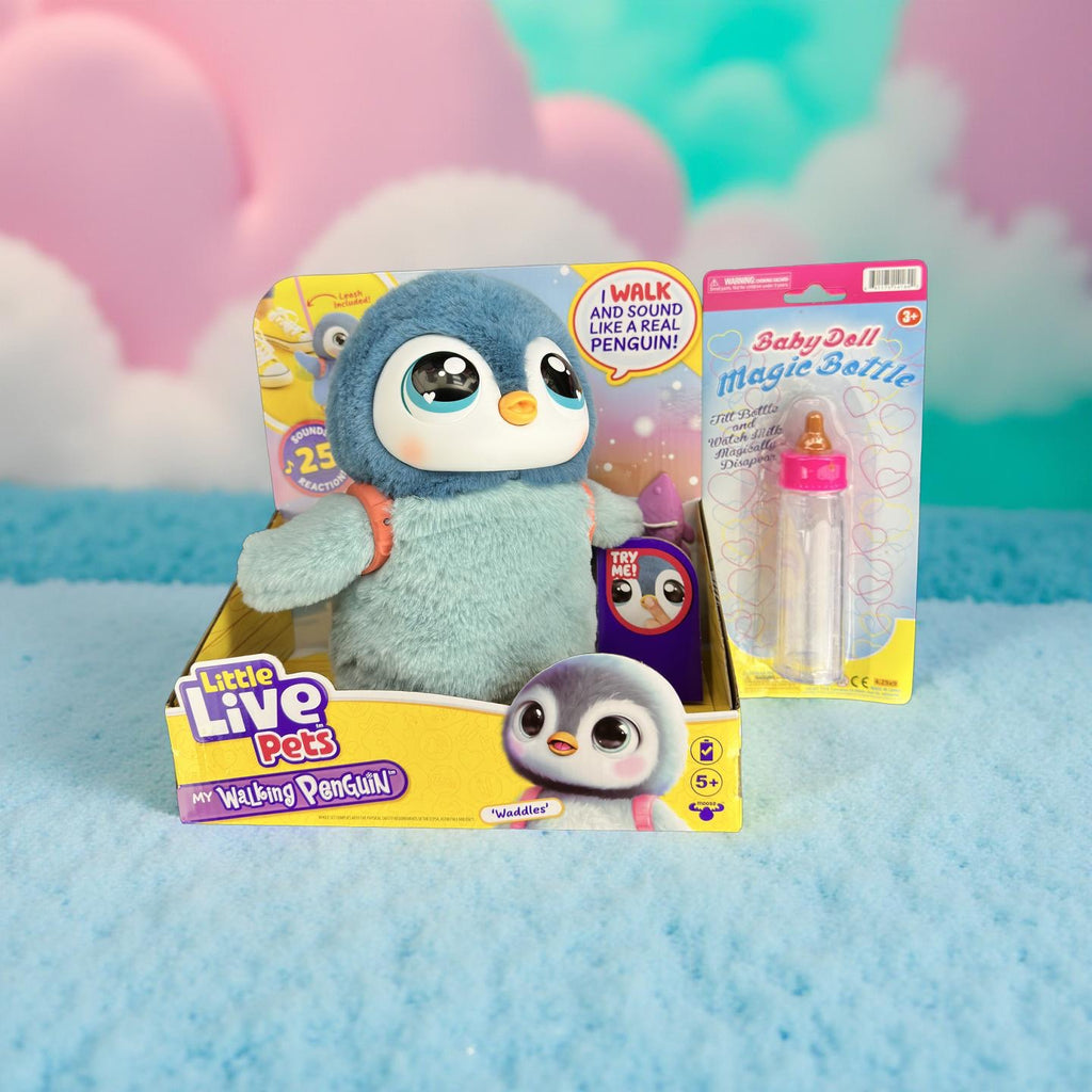 INCREDITOYZ Little Live Pets Walking Penguin Interactive Plush Toy with Magic Bottle, Soft Blue, 25+ Sounds and Reactions, Waddling Movement, Wings Flap, Ages 5+