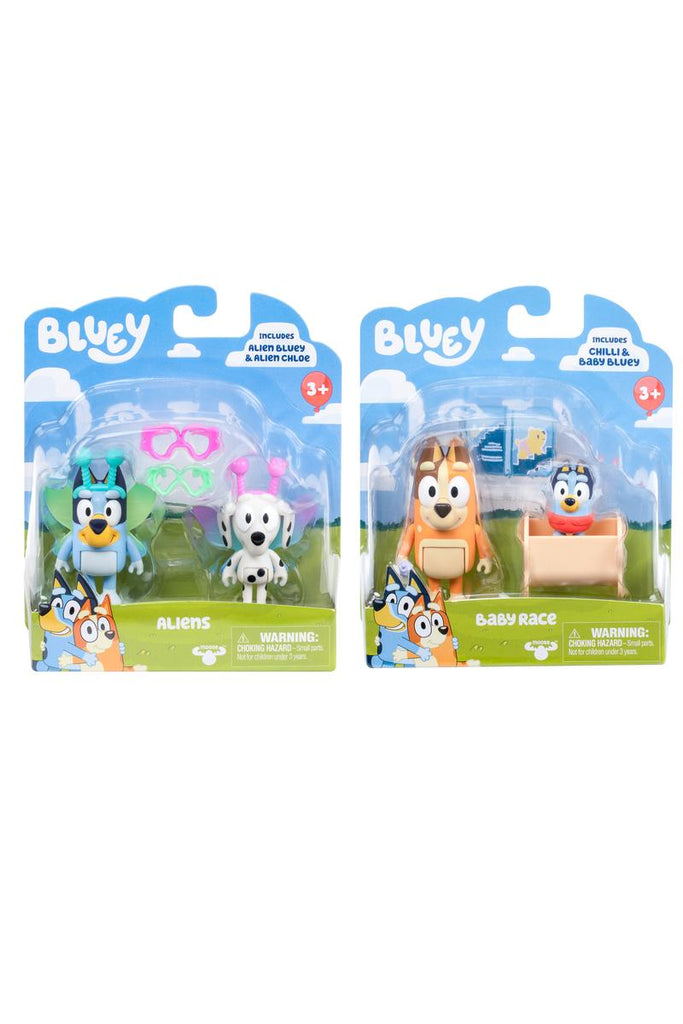 Increditoyz Bluey Figure and Plush Gift Bundle - 2-Pack Baby Race with Chilli & Baby with Cradle Accessory + 2-Pack Alien Bluey & Alien Chloe with Glasses Accessory
