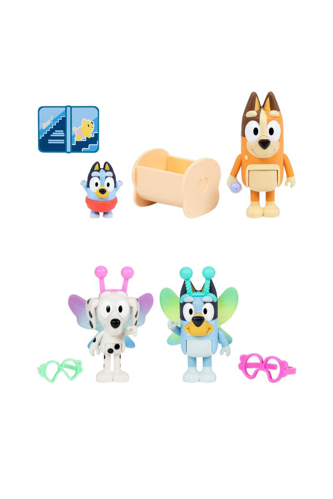 Increditoyz Bluey Figure and Plush Gift Bundle - 2-Pack Baby Race with Chilli & Baby with Cradle Accessory + 2-Pack Alien Bluey & Alien Chloe with Glasses Accessory