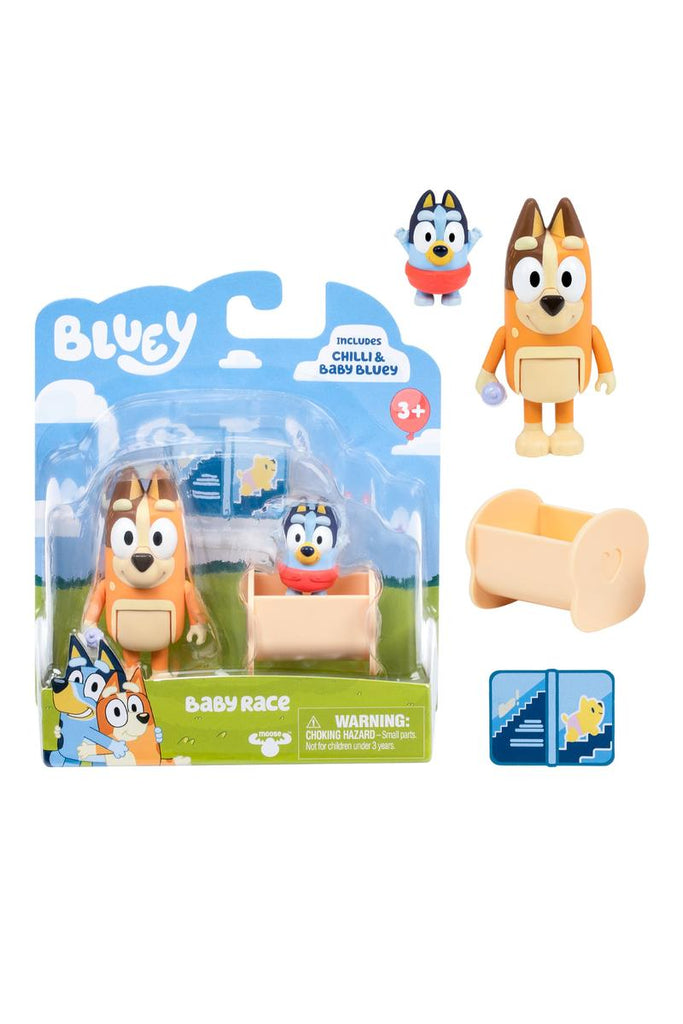 Increditoyz Bluey Figure and Plush Gift Bundle - 2-Pack Baby Race with Chilli & Baby with Cradle Accessory + 2-Pack Alien Bluey & Alien Chloe with Glasses Accessory