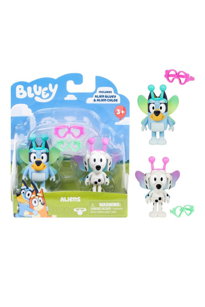 Increditoyz Bluey Figure and Plush Gift Bundle - 2-Pack Baby Race with Chilli & Baby with Cradle Accessory + 2-Pack Alien Bluey & Alien Chloe with Glasses Accessory