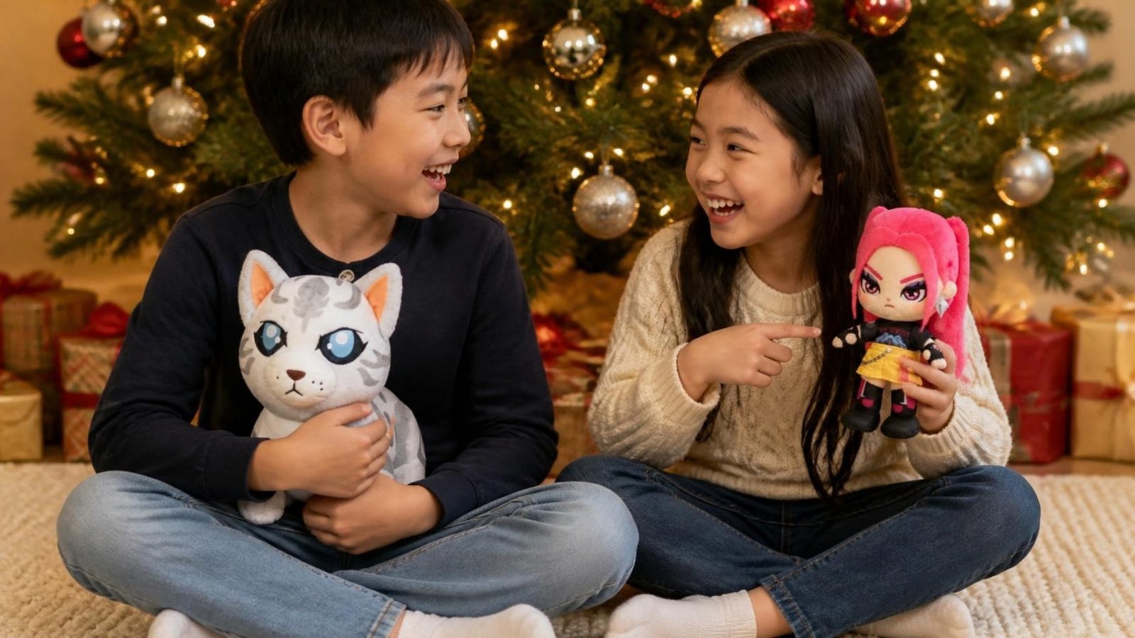 Brother and sister by the Christmas tree with a Warrior Cats plush and a K-Pop Demon Hunters plush